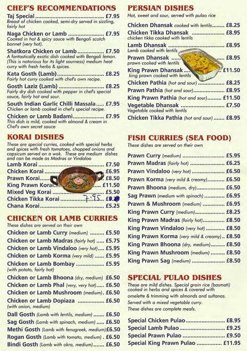Taj Mahal menu