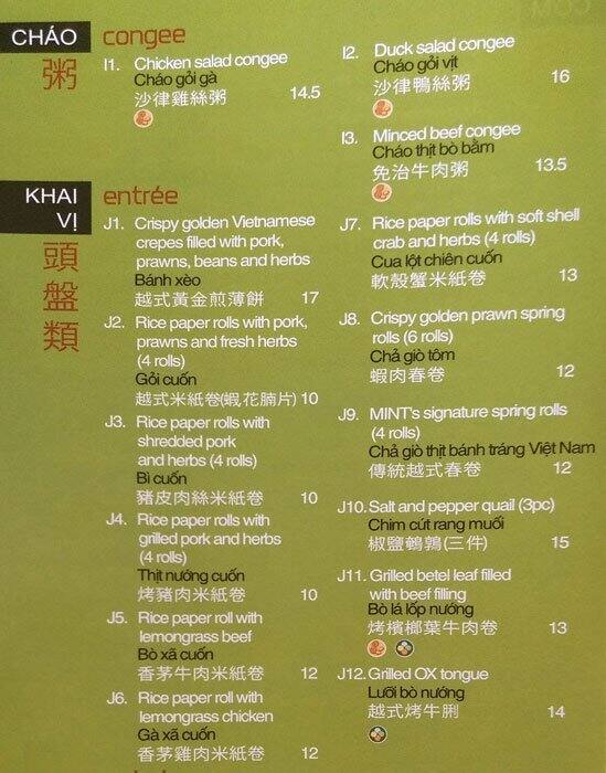 Menu at Mint, Burwood