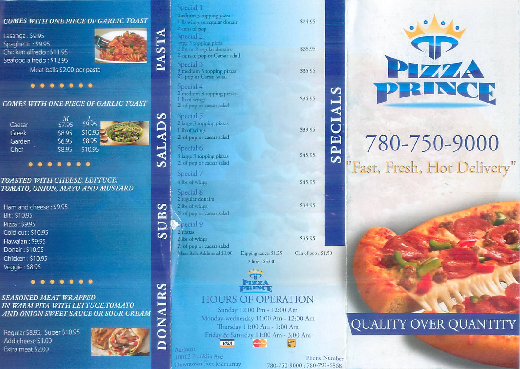 Menu at Pizza Prince pizzeria, Fort McMurray