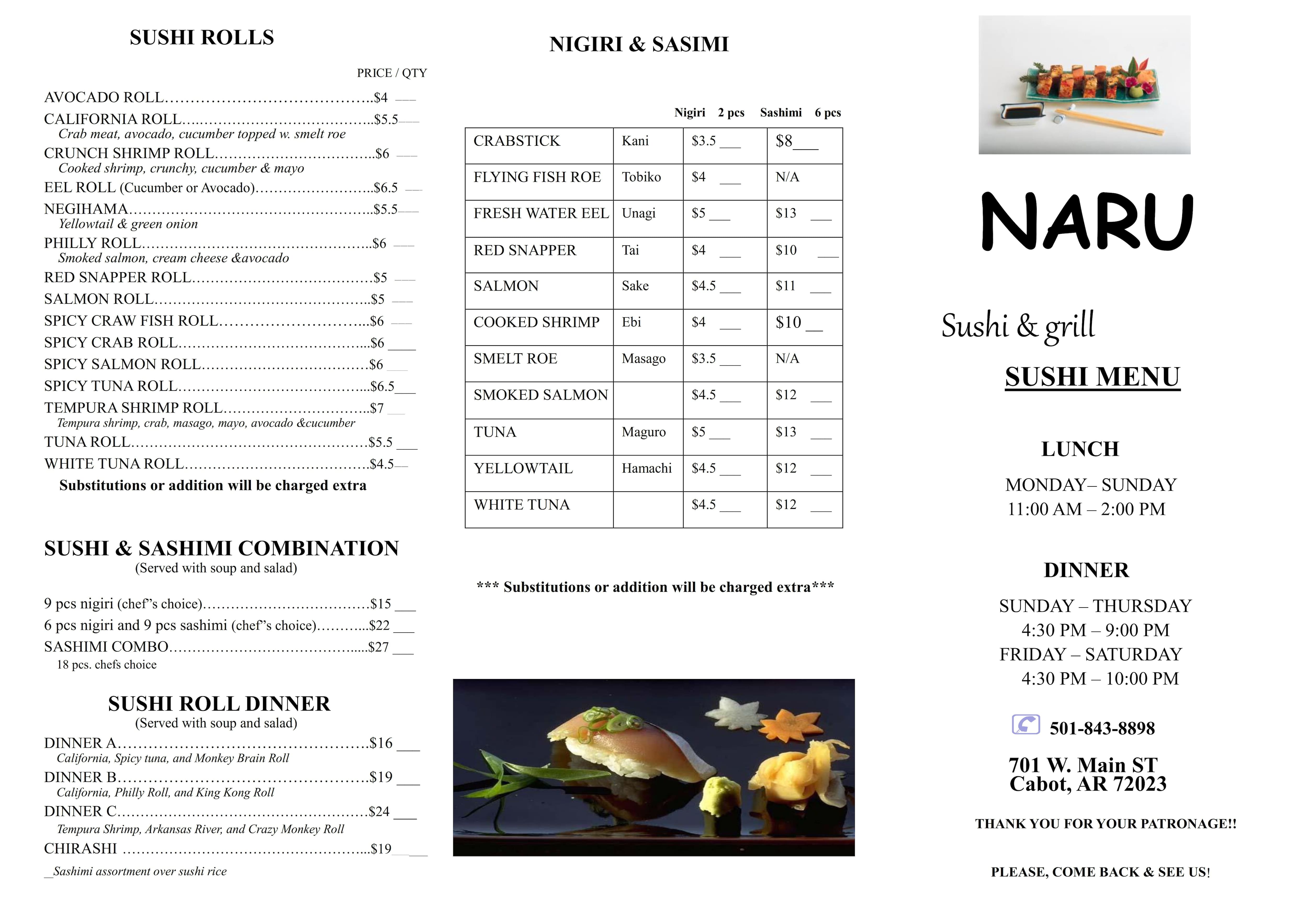 Menu at Naru Sushi & Grill restaurant, Cabot
