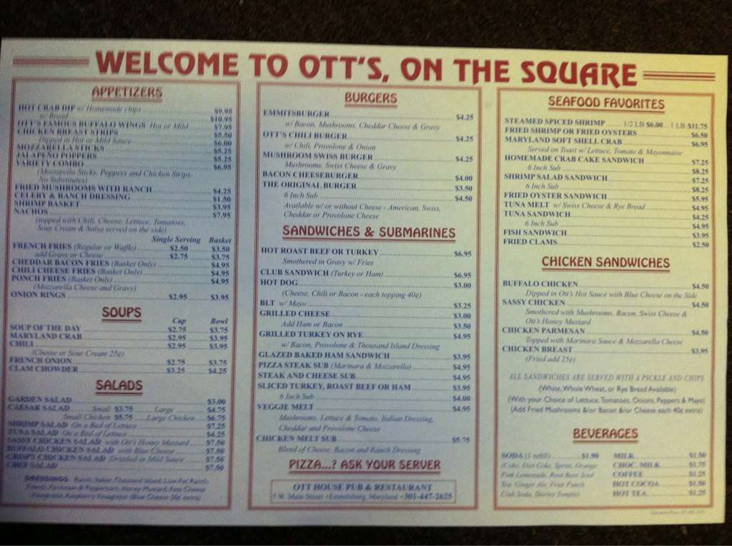 Menu at Ott House pub & bar, Emmitsburg