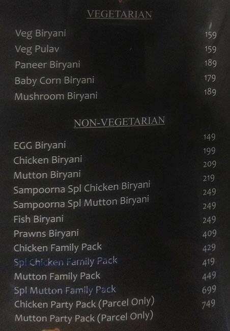 Menu at Sri Sampoorna Hotel, Hyderabad, 8-7-89/C/P