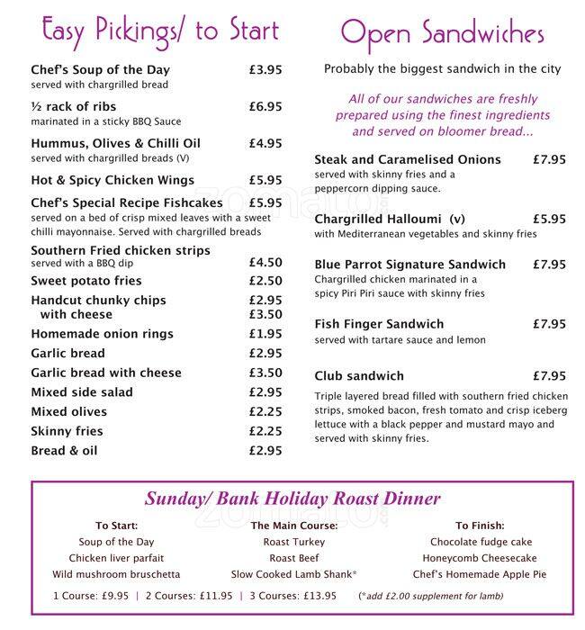 Blue Parrot menu