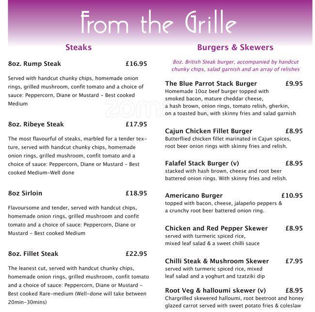 Blue Parrot menu
