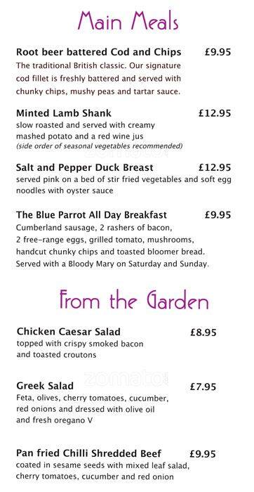 Blue Parrot menu