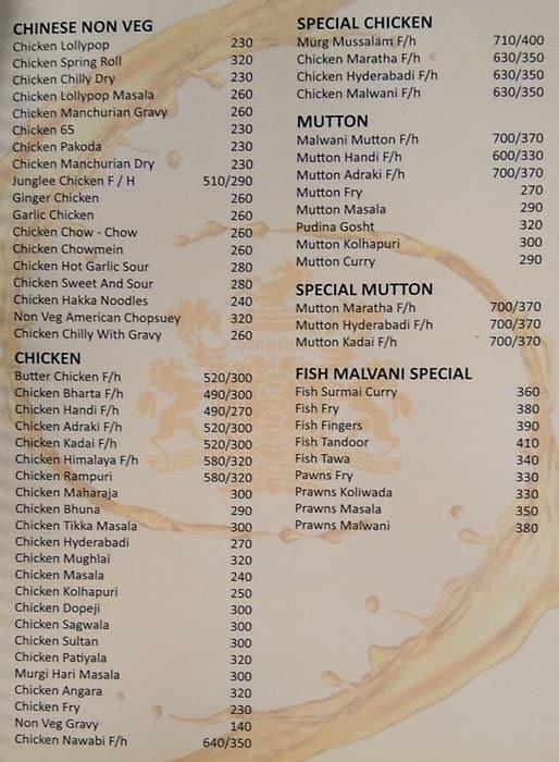 Chandrama restaurant and bar menu