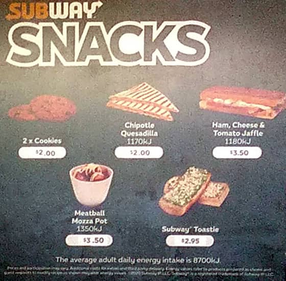 Menu at Subway fast food, Camden