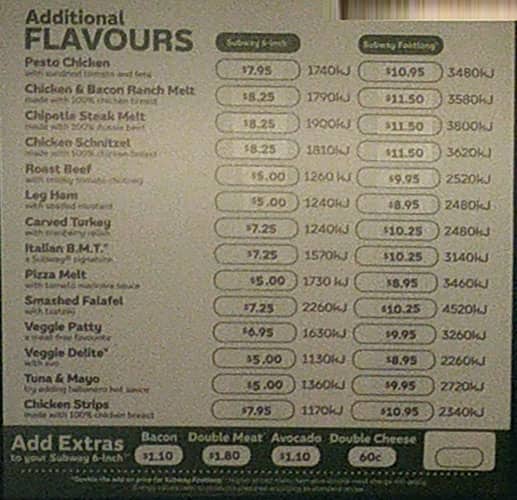 Menu at Subway fast food, Camden