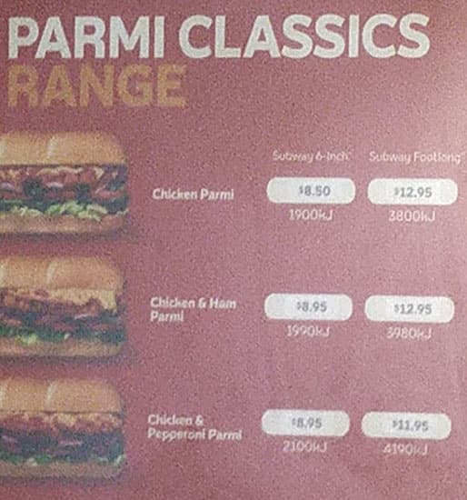 Menu at Subway fast food, Camden