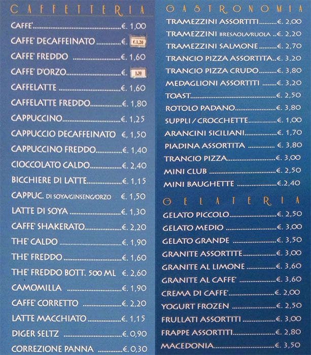 Menu di Caffè Trombetta 