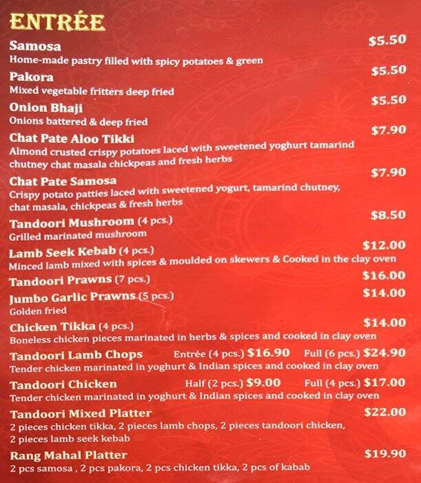 Rang Mahal Indian Restaurant Menu Urbanspoon/Zomato