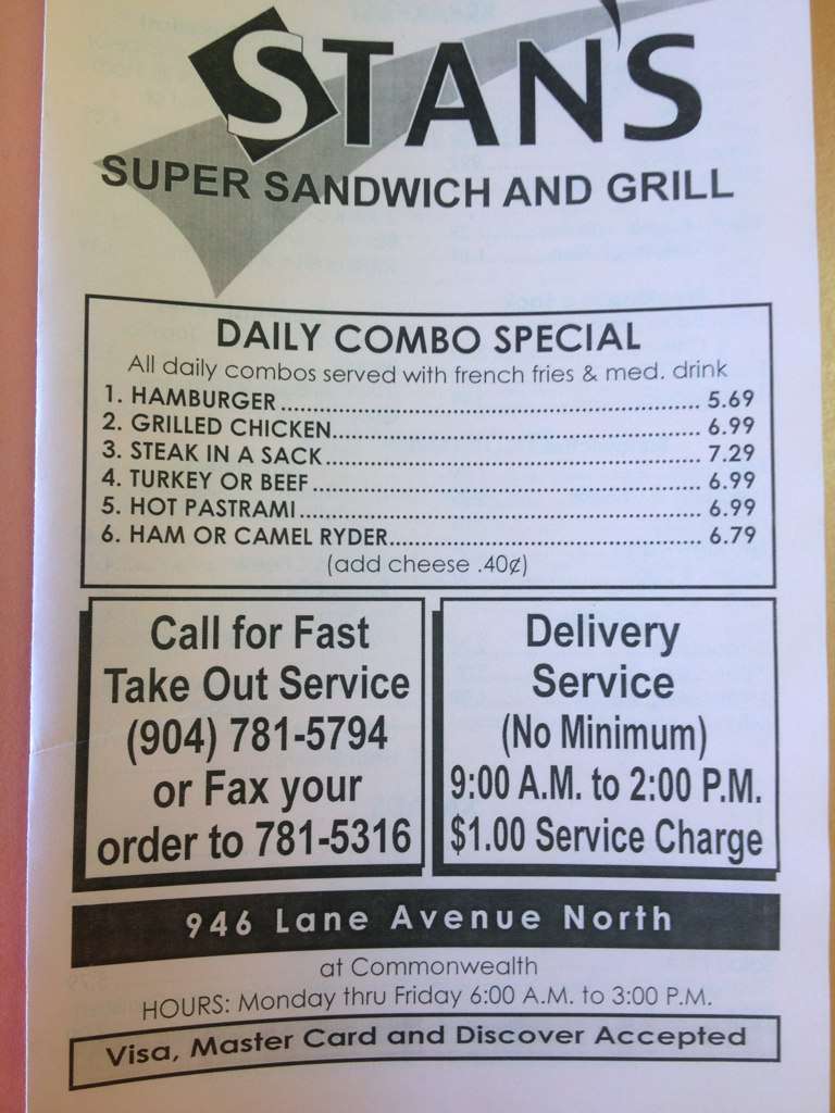 Stans Super Sandwich Menu, Menu untuk Stans Super Sandwich, Northside