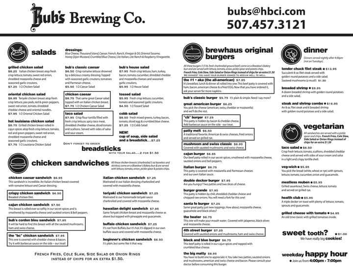 Menu at Bub's Brewing Co pub & bar, Winona