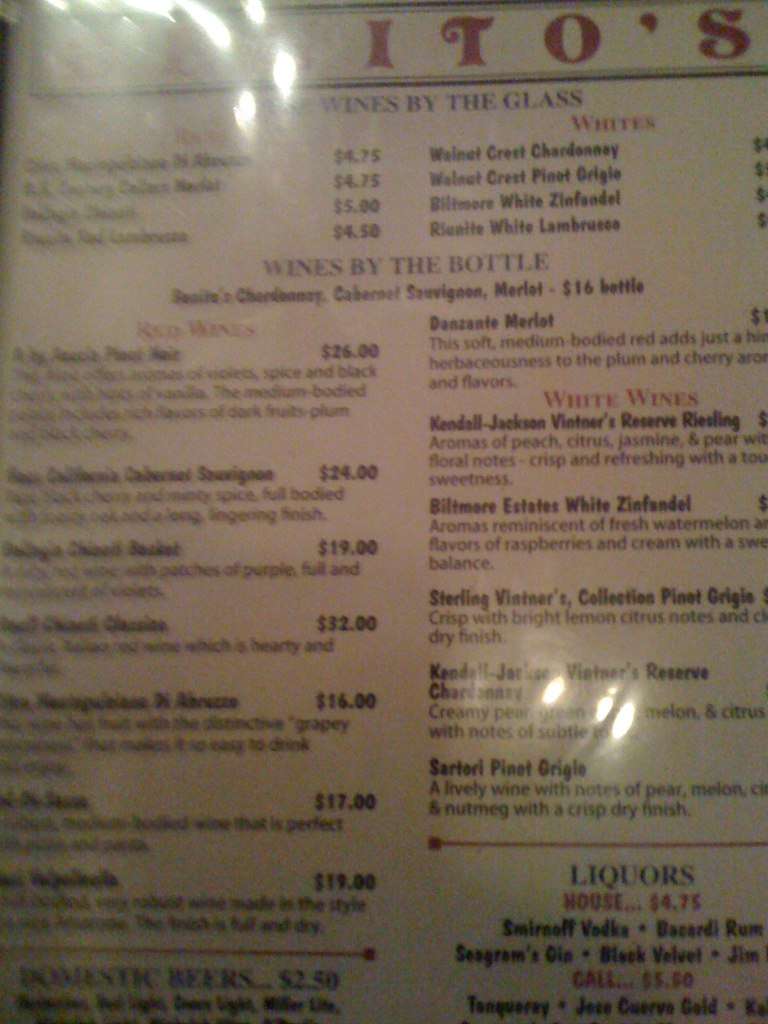 Menu at Benito's Brick Oven Pizza Pasta restaurant, North Myrtle Beach