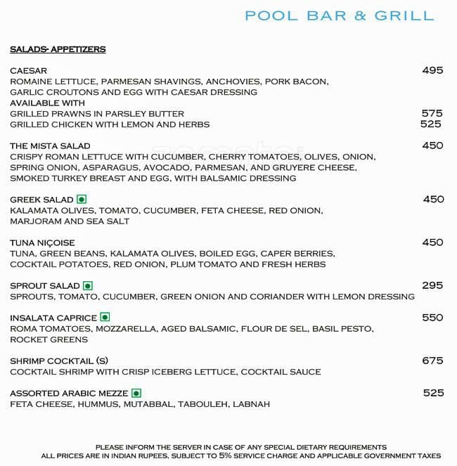 Pool Bar and Grill Grand Hyatt Menu Zomato