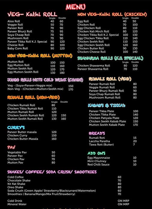 Kathi Junction Lucknow menu