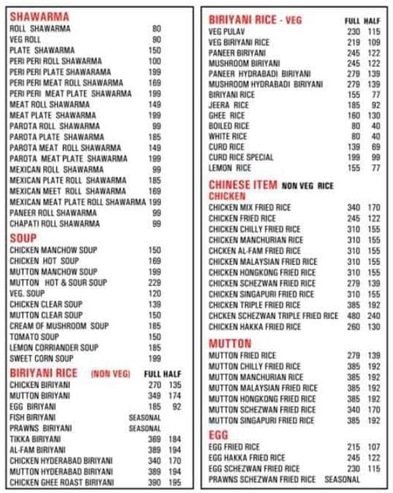 Menu of Hotel VMS, Lalbagh, Mangalore