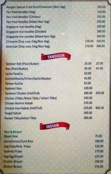 Aangan Restaurant menu