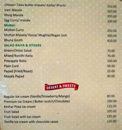 Aangan Restaurant menu