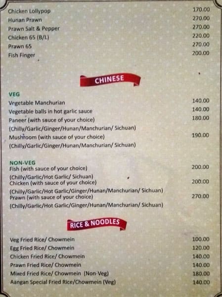 Aangan Restaurant menu
