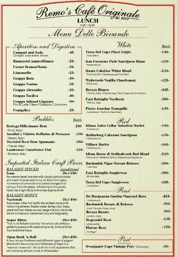 Remo's Originale Menu,Menú para Remo's Originale, Umhlanga, Durban