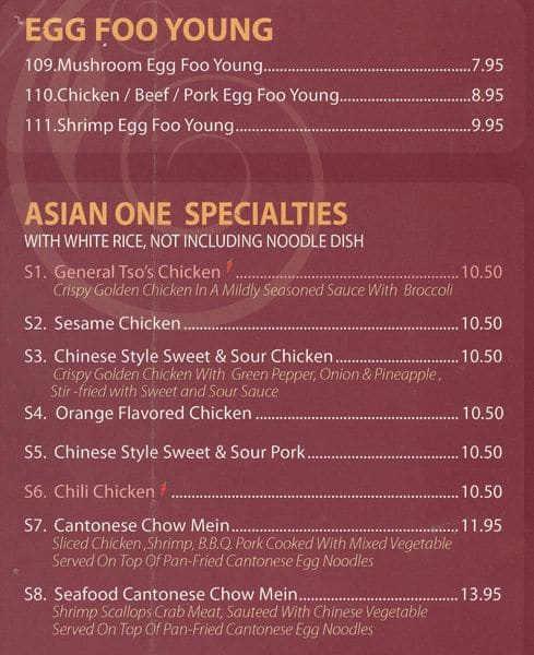 Asian One Restaurant menu