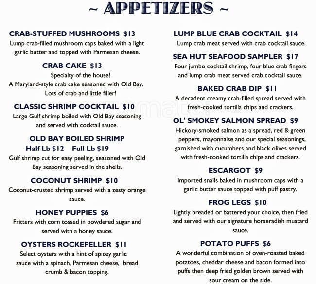 Menu at Sea Hut, Palmetto