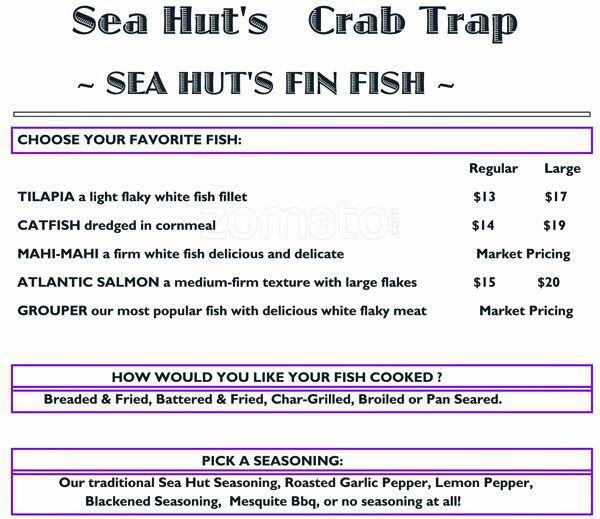Menu at Sea Hut, Palmetto