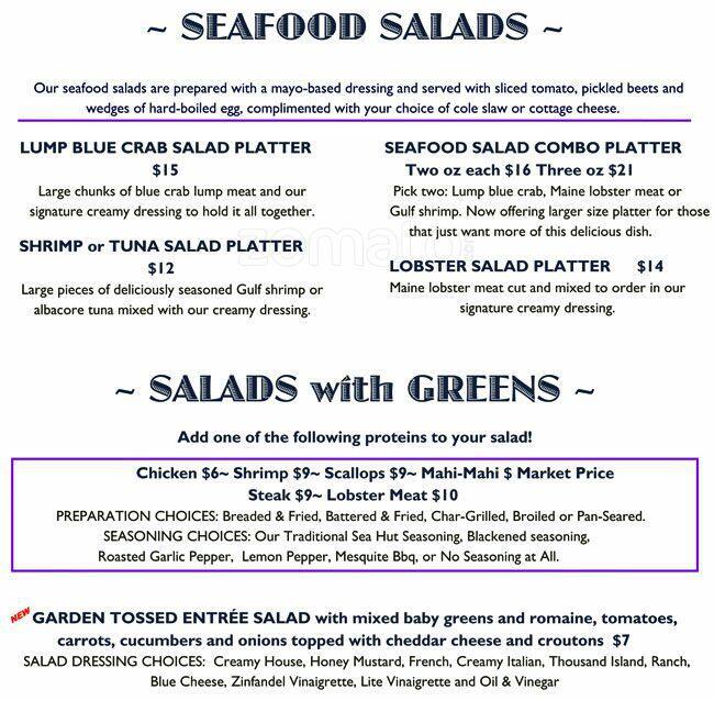Menu at Sea Hut, Palmetto