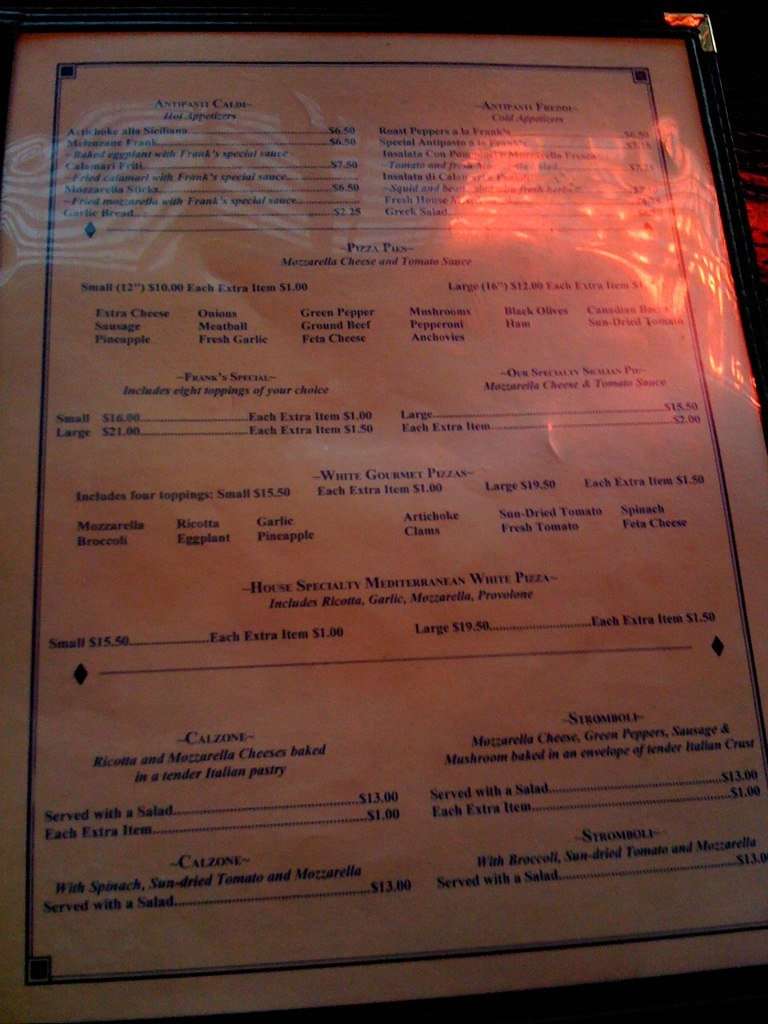 Franks Menu, Menu for Franks, Huguenot/Bon Air, Richmond Urbanspoon