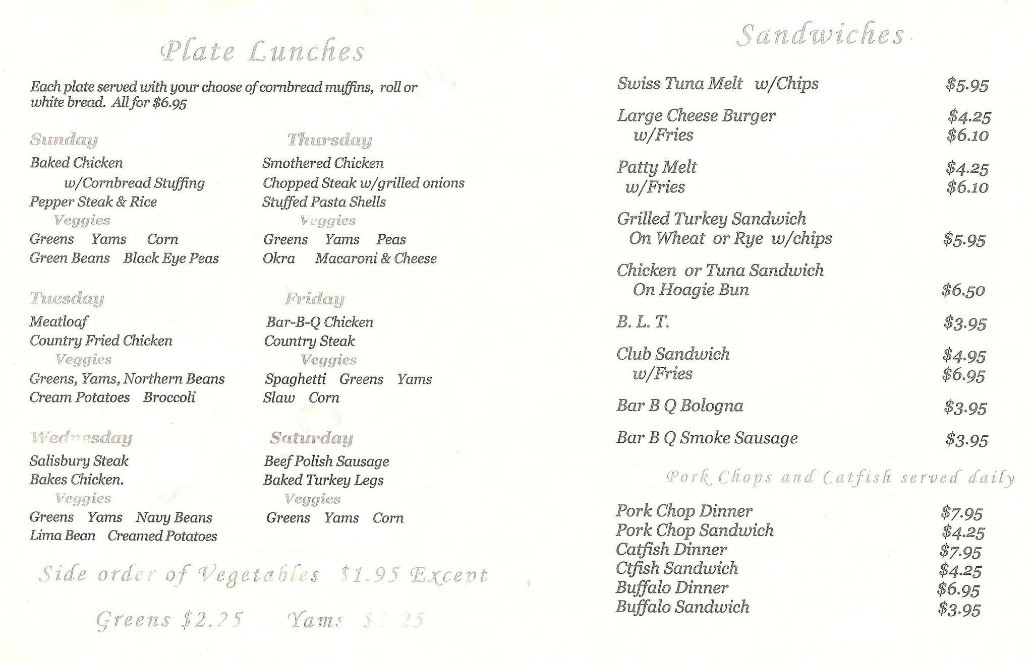 Menu at Peggy's restaurant, Memphis