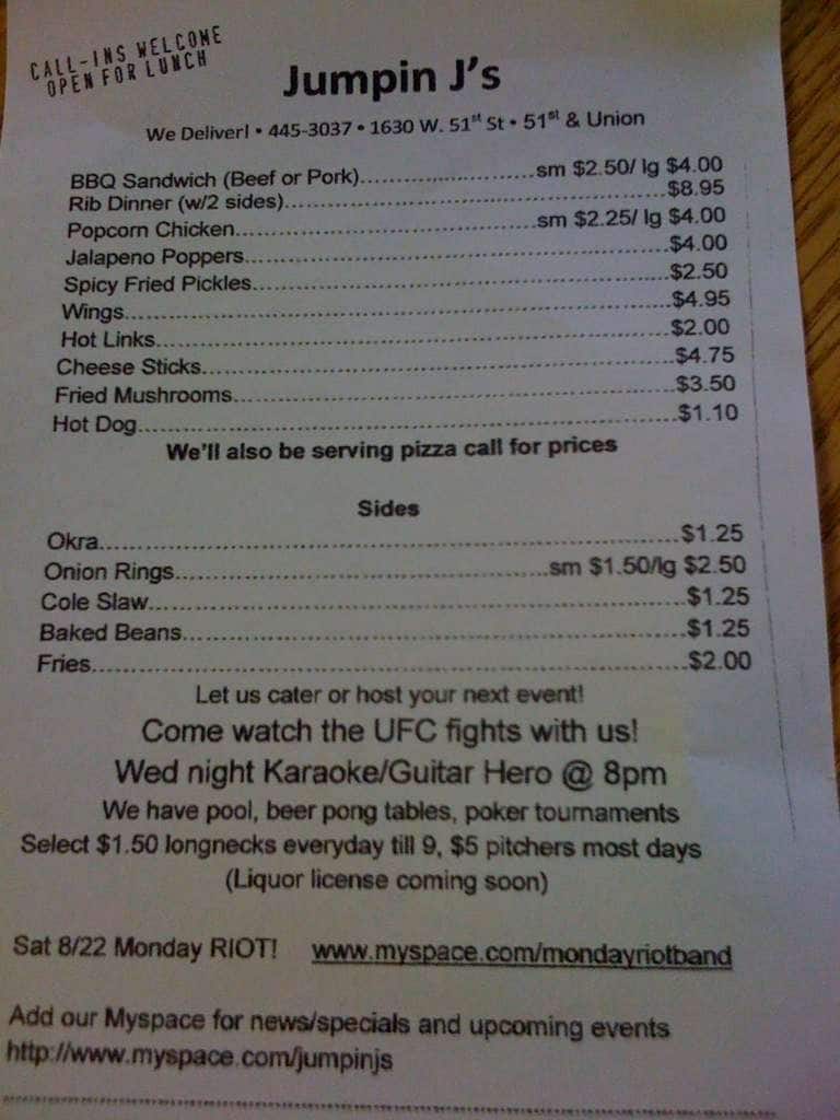 Jumpin J's Menu, Menu for Jumpin J's, West Tulsa, Tulsa Urbanspoon/Zomato