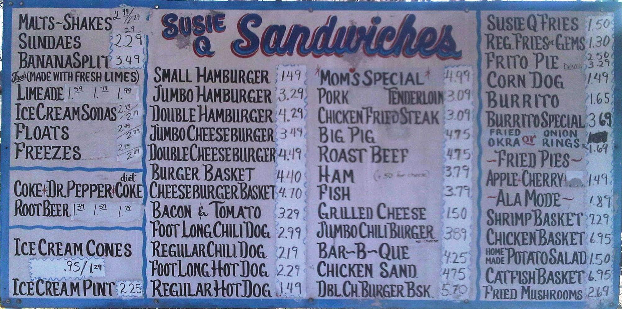 Menu at Susie Q Malt Shop restaurant, Rogers