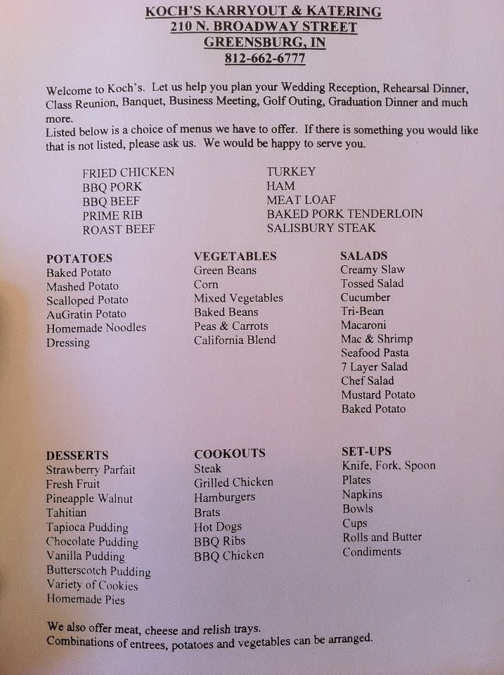 Menu at Koch's Carry-Out &amp; Catering restaurant, Greensburg