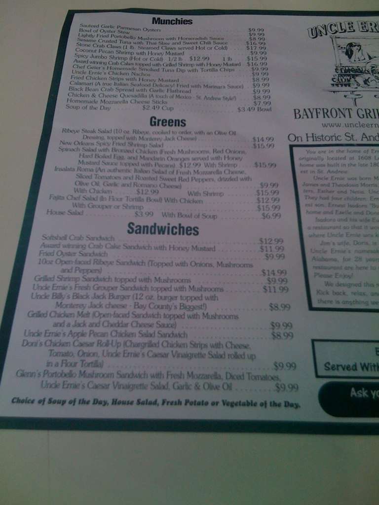 Menu at Uncle Ernie's pub & bar, Panama City