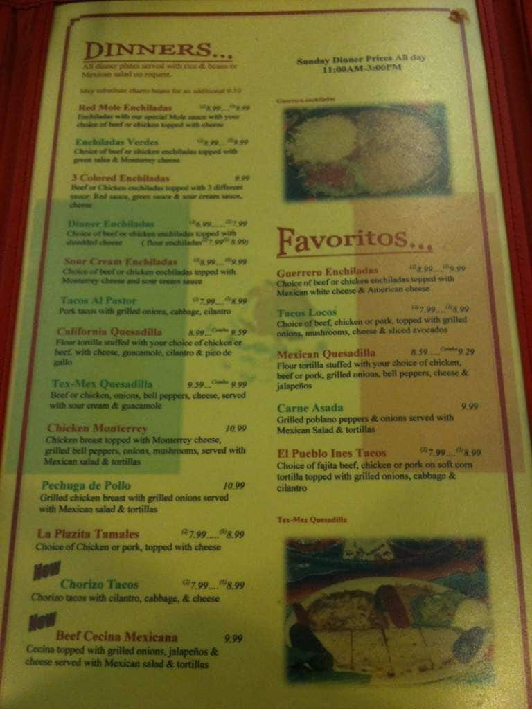 Menu at La Plazita restaurant, Tyler, State Hwy 64