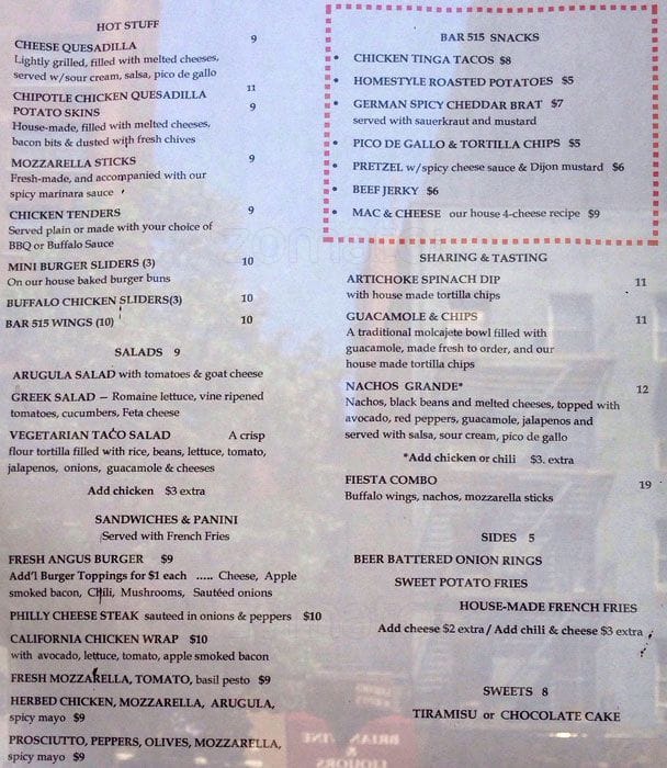 Bar 515 Menu, Menu for Bar 515, Murray Hill, New York City - Urbanspoon ...