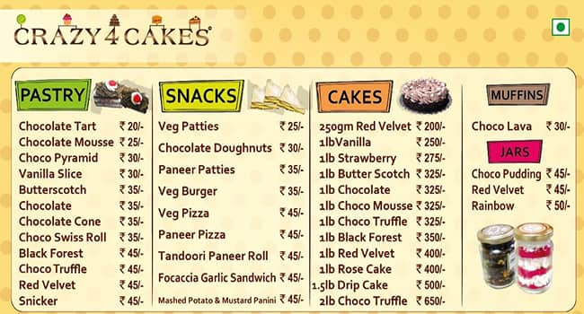 Crazy 4 Cakes Menu Menu For Crazy 4 Cakes Park Street Area Kolkata