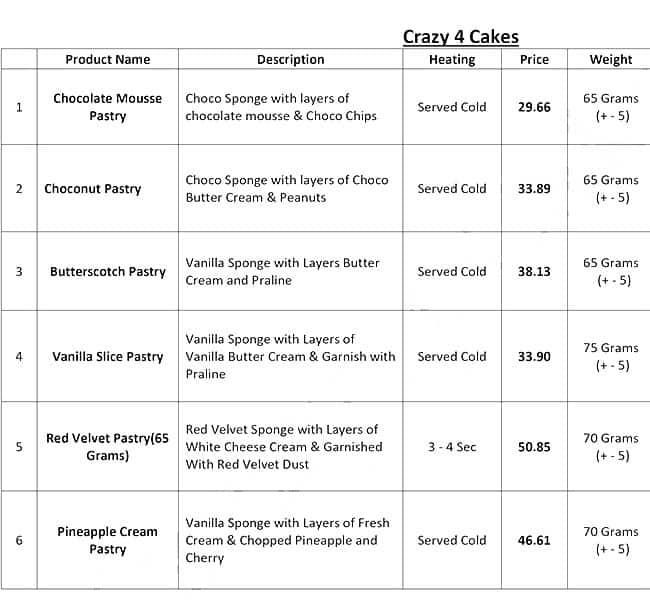 Crazy 4 Cakes Menu Menu For Crazy 4 Cakes Ultadanga Kolkata