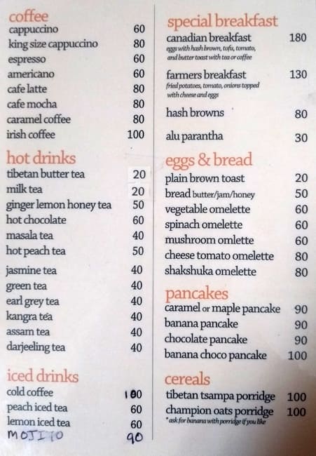 One Two Cafe Menu Menu For One Two Cafe Mcleodganj Dharamshala