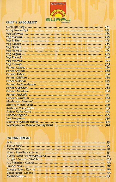 Suraj Veg Treat menu