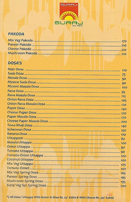 Suraj Veg Treat menu