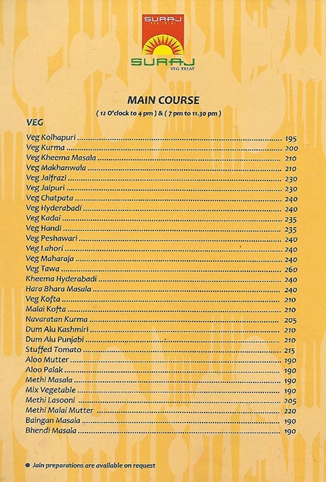 Suraj Veg Treat menu