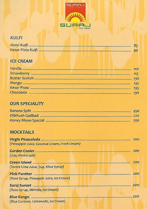 Suraj Veg Treat menu
