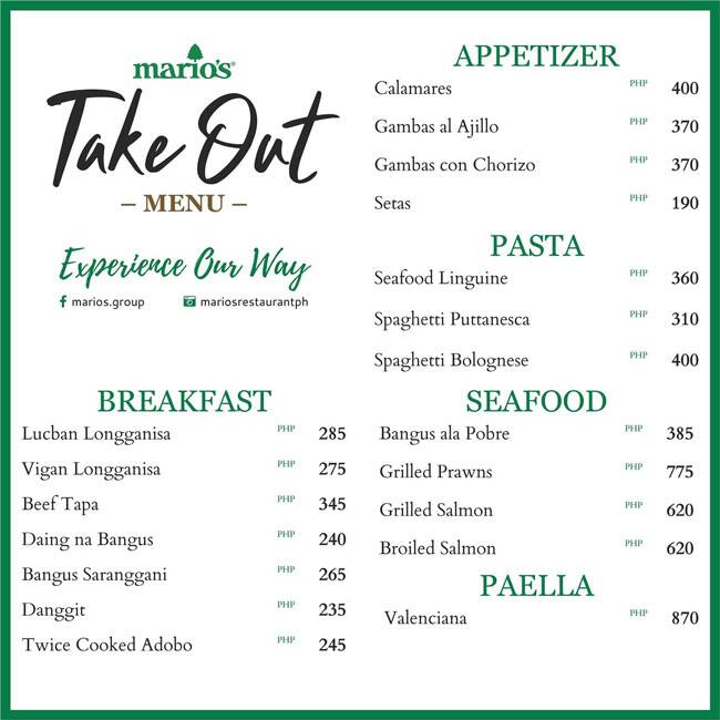 Menu for Mario's, Tomas Morato, Quezon City