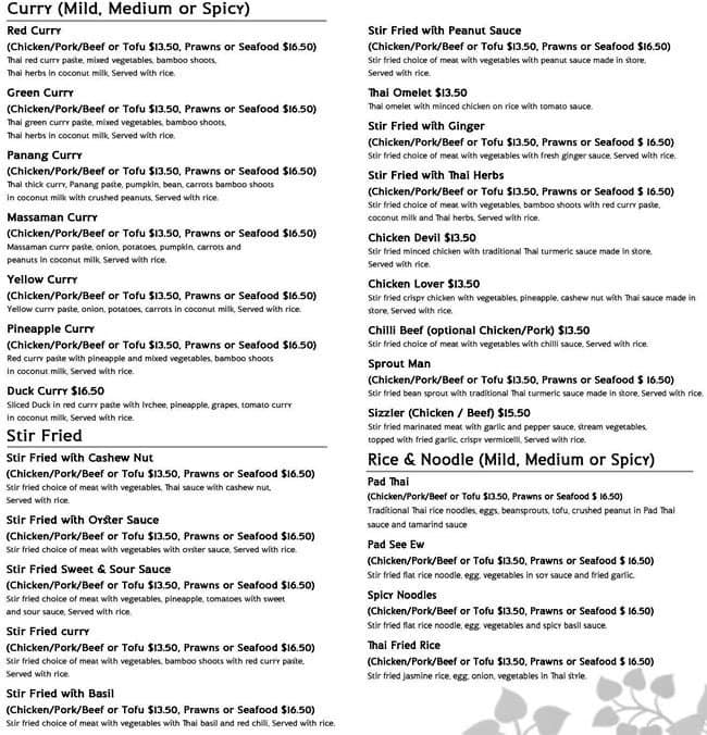 Suphunnahong Thai Food Menu, Menu for Suphunnahong Thai Food, Newmarket ...