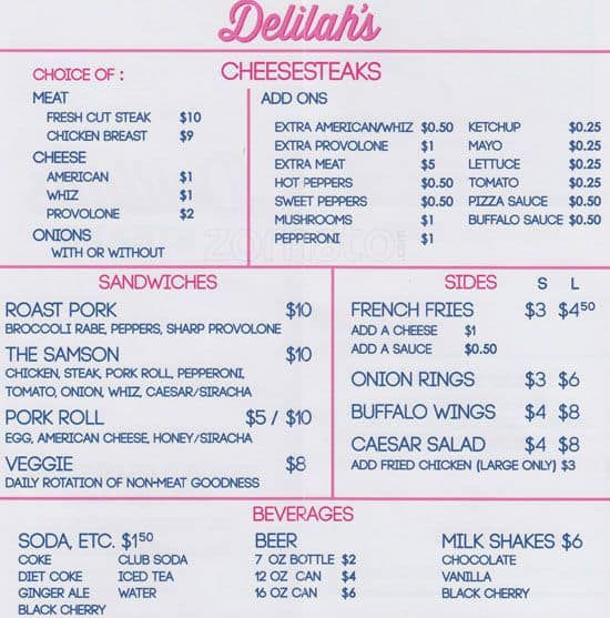 Delilah's Steaks Menu, Menu for Delilah's Steaks, Greenpoint, New York