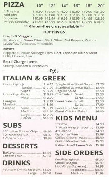 Vince S Italian Pizza Menu Menu For Vince S Italian Pizza Amarillo Amarillo