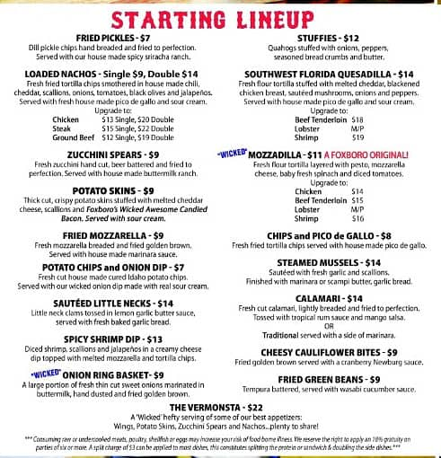 Menu at Foxboro Sports Tavern pub & bar, Naples