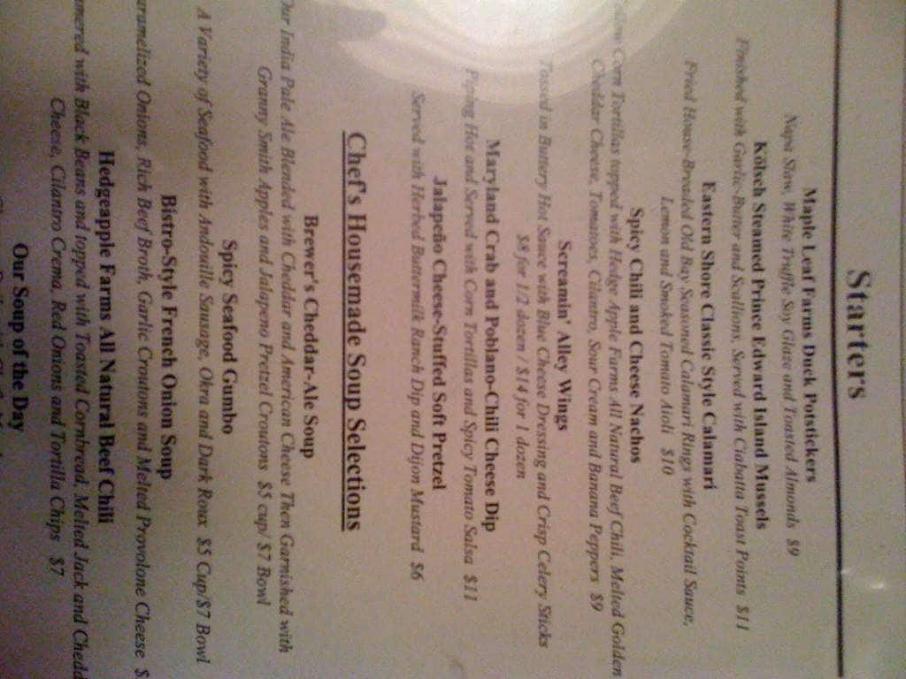 Menu at Brewer's Alley restaurant, Frederick
